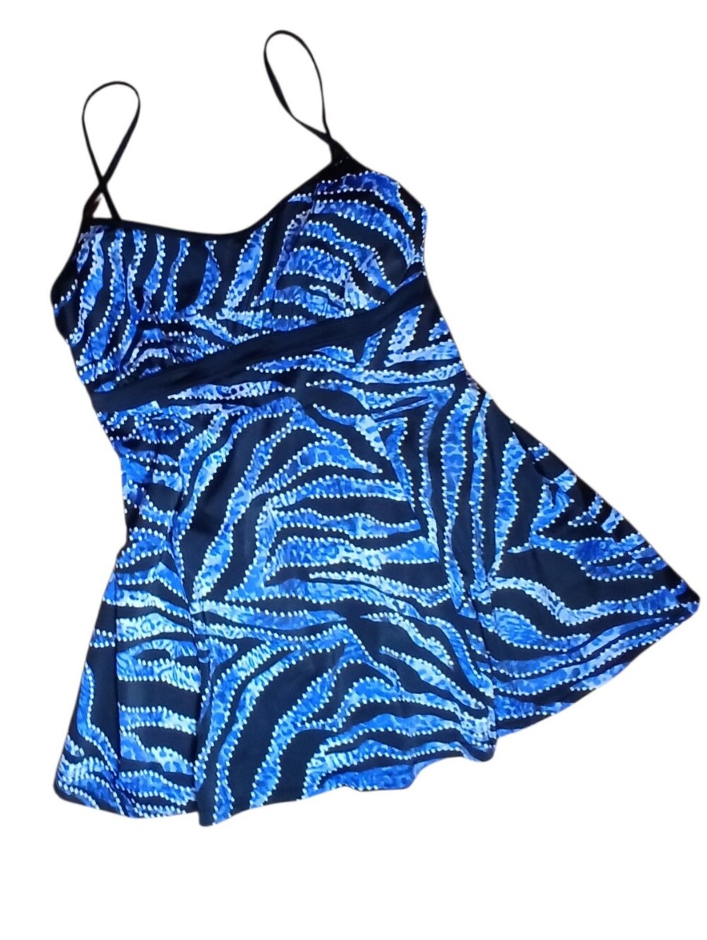 Blue & Black Print Swim Dress Over 1 Piece Slimming Bathing Suit